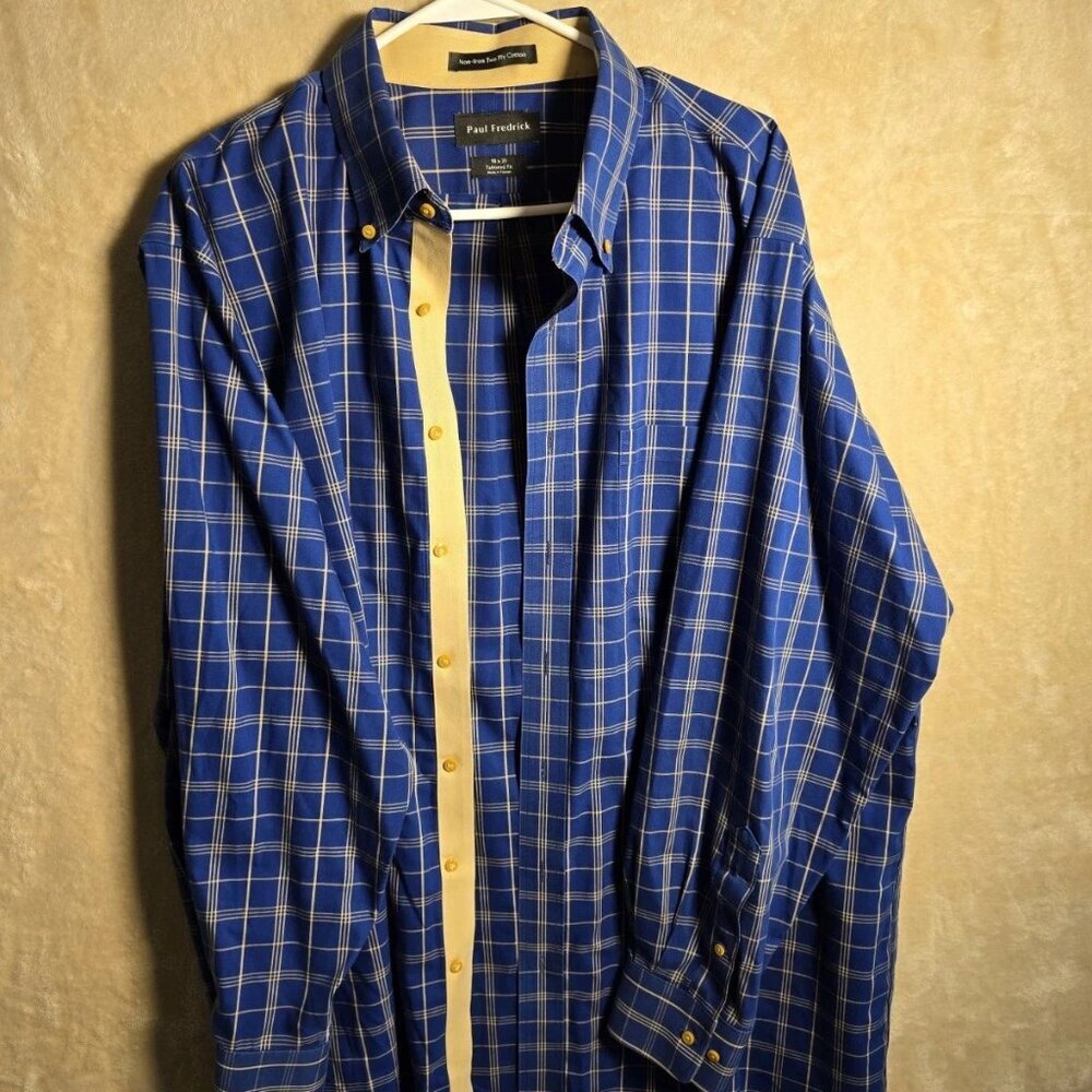 Paul Fredrick Tailored Fit Dress Shirt 18 35 B/Y Big/tall Windowpane Button 136‎